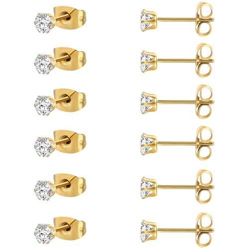 MDFUN 6 Pairs Stud Earrings Sets 3-8MM 18K Gold Plated Round 5A+ Cubic Zirconia Earrings Hypoallergenic CZ 6 Prong Ears Jewelry for Women - color: 4MM-Yellow Gold