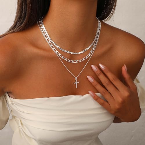 Layered Gold Cross Necklaces for Women, Stack Stackable 14K Gold/Silver Plated Cubic Zirconia Pendant Necklace Set Dainty Choker Layering Necklaces for Women Faith Jewelry Religious Gift - style: Silver-1
