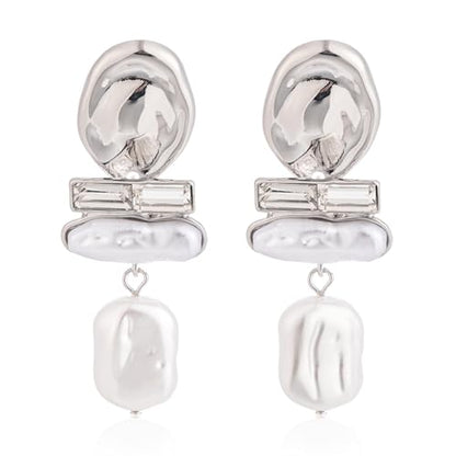 Statement Pearl Dangle Earrings,large Pearls Vacation Earrings with Crystal,Party Jewelry Gift for Women - color: Silver tone