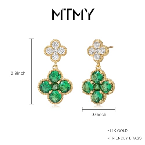 MTMY Dangle Earrings for Women 14K Gold Plated Four Leaf Clover Dangling Drop Birthstone Stud Earrings Trendy Flower Birthstone Jewelry Birthday Gifts - style: May- Emerald