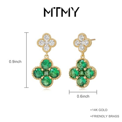 MTMY Dangle Earrings for Women 14K Gold Plated Four Leaf Clover Dangling Drop Birthstone Stud Earrings Trendy Flower Birthstone Jewelry Birthday Gifts - style: May- Emerald