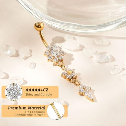 1PC 14G Belly Button Rings G23 Titanium Dangle Belly Piercing Navel Rings CZ Curved Barbell Internally Threaded Dangling Belly Jewelry for Women - color: B-Gold