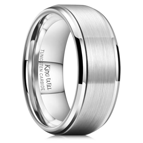 King Will Classic Tungsten Wedding Band for Men, 6/7/8/9/10mm Widths, Polished Finish Step Edge Matte Rings Comfort Fit - color: A-silver 9mm
