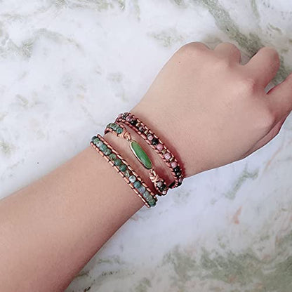 Plumiss Women Boho Handmade Natural Stone Crystal Leather Bead Wrap Bracelets Collection - style: Green Aventurine 3W