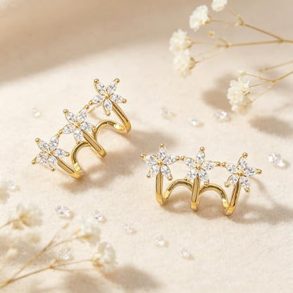 Gold Flower CZ Crawler Earrings for Women, 3-Petal Crystal Stud Climber Earrings, Elegant Geometric Line Ear Jewelry