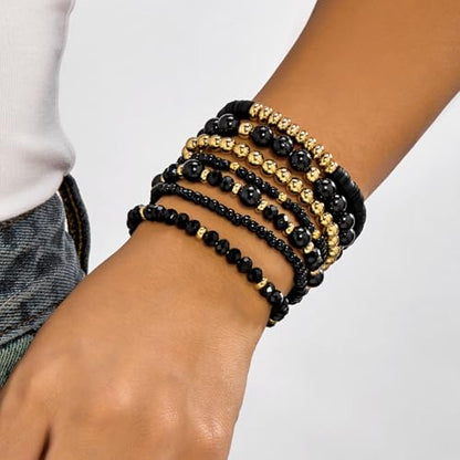 FORUBUS 7Pcs Bohemian Multilayer Stackable Beaded Bracelets Set for Women, Crystal Glass Gold CCB Beads Stretch Bracelet Pack, Summer Beach Boho Jewelry Vacation Gifts - color: Black