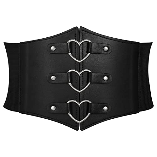 Women Corset Belt Heart Wide Elastic Waist Belt for Daily Halloween Costume | Metal Heart-Ring Decor, 4.5" Wide Waist Corset, 3 Silver Snap, Pirate Corset Belt for Renaissance Cosplay Outfits - color: Heart Black, size: 32" fit waist: 29" -34"
