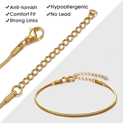 ChainsHouse Stainless Steel Herringbone Flat Chain Bracelets for Women,18K Gold/Rose Gold/Black Metal Paperclip/Snake/Cuban/Figaro Sterling Silver Link Charm Bracelet, 16+5cm Adjustable, With Gift Box - color: d. snake-gold