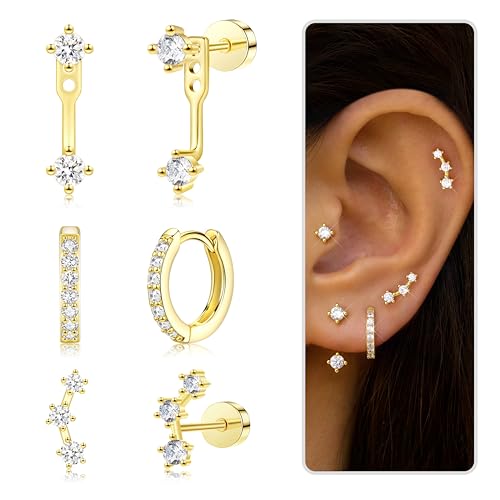 3 Pairs Dainty Small Earrings Set for Women Trendy, Birthstone Stud Huggie Hoop Jacket Stack for Cartilage Helix, Gold Plated Hypoallergenic Cute Women Fashion Accessories Western Jewelry Gifts - color: Flatback (Gold)