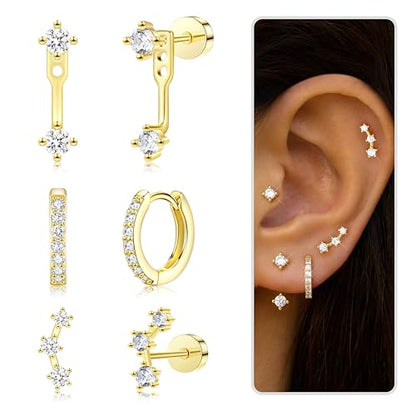 3 Pairs Dainty Small Earrings Set for Women Trendy, Birthstone Stud Huggie Hoop Jacket Stack for Cartilage Helix, Gold Plated Hypoallergenic Cute Women Fashion Accessories Western Jewelry Gifts - color: Flatback (Gold)