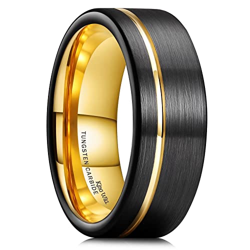 King Will Mens Tungsten Carbide Wedding Band with Groove Design | 6/7/8mm Width, Grooved, Comfort Fit, Everyday Wear - color: Black&Gold-8mm