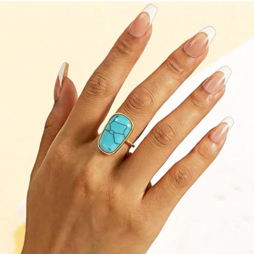 OIDIMS Gemstone Statement Ring for Women Gold-Tone Stainless Steel Natural Stone Rose Quartz Aventurine Turquoise Adjustable Open Band Stacking Finger Rings Boho Cocktail Wedding Party Jewelry - color: Turquoise