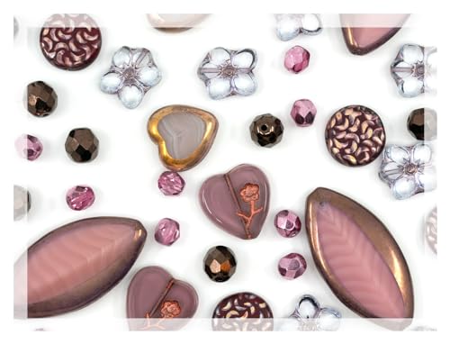 45+ pcs (2.1oz=60g) of Focal Glass Bead Mix with Table-Cut Flower and Butterfly Beads, PG Pink Purple - color: Focat Pink Purple