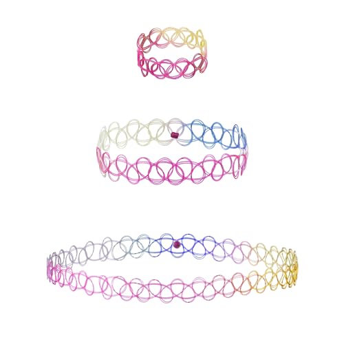 EXPRESSIONS 3pc Assorted Tattoo Stretch Jewelry Collection - Tattoo Choker Necklace, Bracelet & Ring Set - Stretchy Tattoo Effect Jewelry Accessories For Kids And Adults - color: RAINBOW