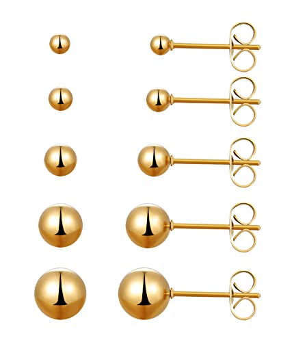 6 Pairs Surgical Stainless Steel Round Ball Stud Earrings Set for Women Men 3-7mm - style: 3/4/5/6/7mm Ball Stud Earrings Gold