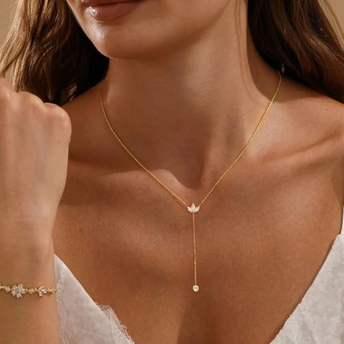 Long Necklaces for Women, Cute 14K Gold Plated CZ Drop Necklace | Dainty Gold Necklace, Simple CZ Teardrop Clover Y Shaped Lariat Necklace,Statement Non Tarnish Necklace, Trendy Gold Jewelry - color: Gold-Leaf Drop