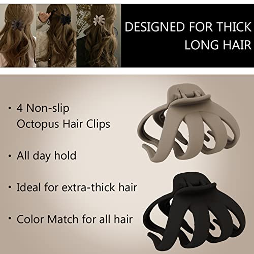 4 Pcs Octopus Hair Clips for Thick Hair - Large Claw Clips for Women, Matte Neutral Color, Strong Grip Non-Slip Jaw Clips - color: 09-Skin tone, khaki, coffee, black