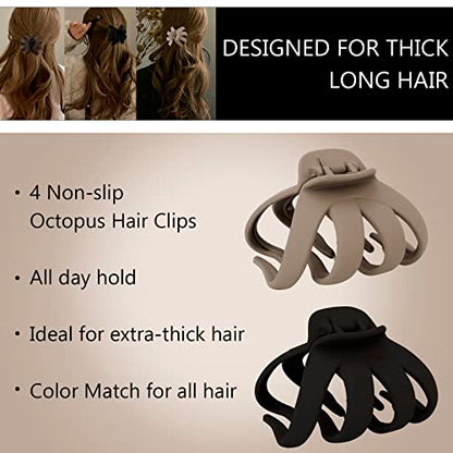 4 Pcs Octopus Hair Clips for Thick Hair - Large Claw Clips for Women, Matte Neutral Color, Strong Grip Non-Slip Jaw Clips - color: 09-Skin tone, khaki, coffee, black