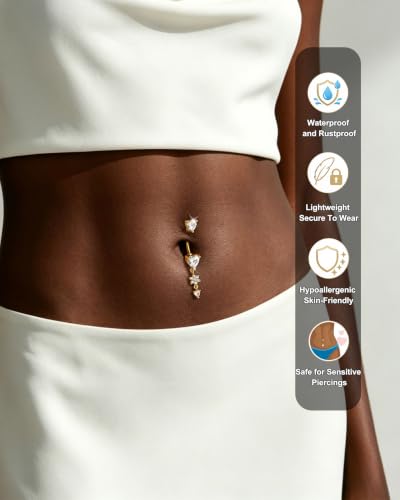 Jewseen Dangle Flower Belly Button Rings 14G Dangle Heart Navel Ring 10MM Gold Curved Barbell Belly Button Piercing for Women Stainless Steel Dainty Navel Piercing Jewelry - color: Gold