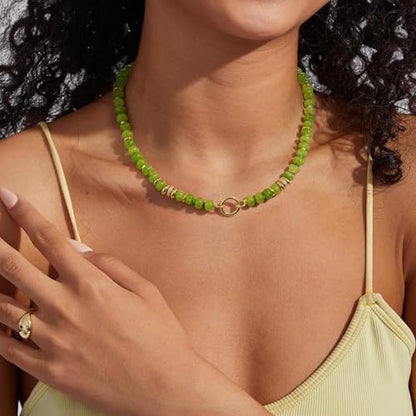 Beaded Necklaces for Women Boho Colorful Bead Choker Necklace Natural Gemstone Handmade Summer Beach Layering Necklace Jewelry Gift for Women - color: Olive Green