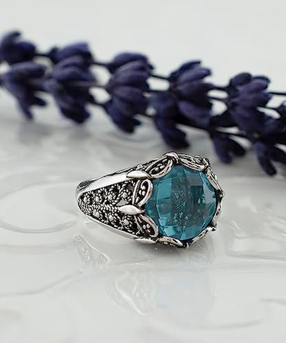 Filigranist 925 Sterling Silver Filigree Art Women Mini Dome Cocktail Ring with Gemstone, Gift Boxed - color: Blue Topaz