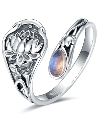 S925-Sterling-Silver Abalone Dragonfly-Turquoise Spoon Ring - Vintage Boho Sunflower Thumb Oxidized Wrap Rings Victorian Style Antique Floral Jewelry Gifts for Women - color: Lotus Moonstone Ring