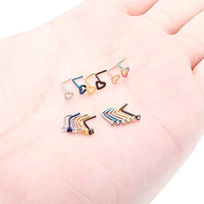 SCERRING 20G 18PCS Stainless Steel Heart Bone L Shaped Screw Nose Stud Rings Piercing Jewelry 2mm Cubic Zirconia - style: 18PCS - L Shaped