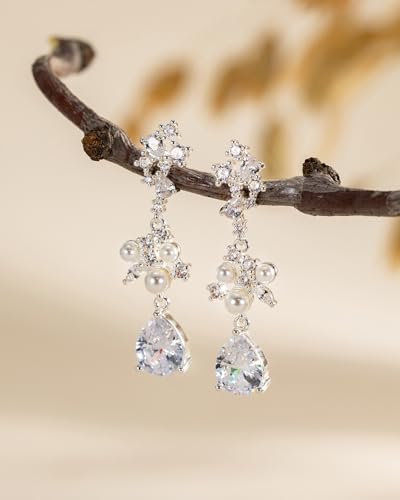 Pearl Earrings - 14K Gold/White Gold/Rose Gold Plated Cubic Zirconia CZ Diaomond Accented Pearl Drop Dangle Earrings for Women Wedding Bridal Prom - color: Silver Teardrop Design