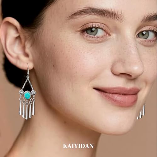 Boho Turquoise Dangle Earrings For Women Trendy,Western Blue Gemstone Drop Earings,Vintage Gothic Ethnic Statement Beach Vacation Long Birthstone Earrings with Leaf Teardrop Turquoise Crystal Tassels,Fashion Jewelry Birthday Gift. - style: A1 Turquoise ta