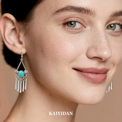 Boho Turquoise Dangle Earrings For Women Trendy,Western Blue Gemstone Drop Earings,Vintage Gothic Ethnic Statement Beach Vacation Long Birthstone Earrings with Leaf Teardrop Turquoise Crystal Tassels,Fashion Jewelry Birthday Gift. - style: A1 Turquoise ta