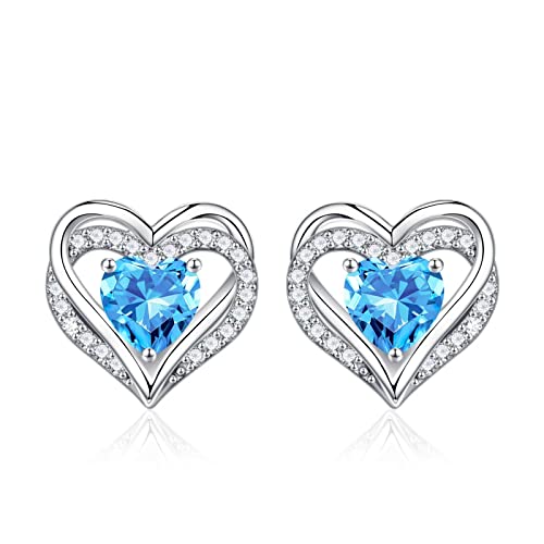 Iefil Birthstone Earrings for Women - 925 Sterling Silver Heart Stud Earrings Birthday Gifts for Women - color: 03-Mar-Created Aquamarine