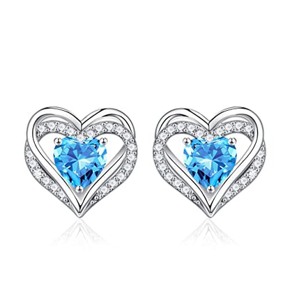Iefil Birthstone Earrings for Women - 925 Sterling Silver Heart Stud Earrings Birthday Gifts for Women - color: 03-Mar-Created Aquamarine