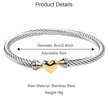 Adjustable Twist Stainless Steel Cable Wire 14K Gold Plated Love Heart Charm Bracelets Friendship Open Bangle Wrist Cuff for Women Men