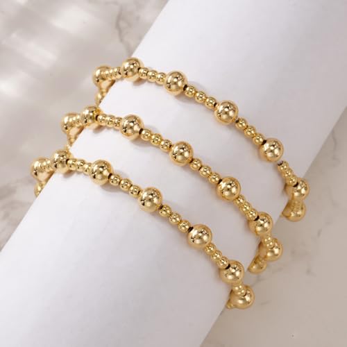 14K Gold Plated Beaded 3Pcs Stack Bracelets for Women, Dainty Trendy Freshwater Stackable Pearl Paperclip Cross Chain Gold Balls Stretch Accessories Jewelry Vacation Gift - color: gold