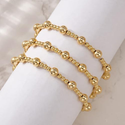 14K Gold Plated Beaded 3Pcs Stack Bracelets for Women, Dainty Trendy Freshwater Stackable Pearl Paperclip Cross Chain Gold Balls Stretch Accessories Jewelry Vacation Gift - color: gold