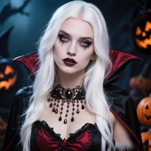 Vampire Choker Necklace for Women Gothic Lace Choker Necklace Y2K Goth Red Black Zirconia Pendant Necklaces Halloween Dark Bridal Vampire Costume Jewelry Accessories - style: Style-C