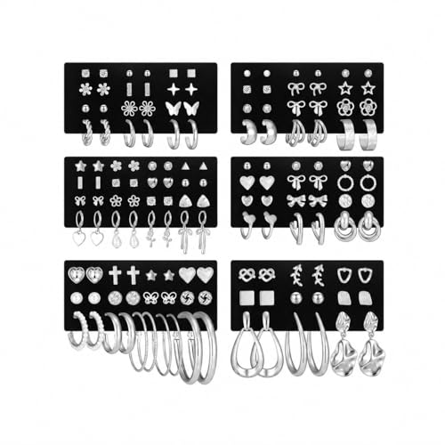 84 Pairs Gold Stud Earrings Set for Women Multipack, Fashion Pearl Cubic Zirconia Butterfly Earrings Packs Piercings, Hypoallergenic Stud Hoops Earrings for Gift - color: Style11-silver