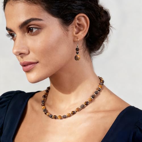 Beaded Necklaces for Women 3Pcs Colorful Boho Gemstone Bead Choker Summer Natural Stone Surfer Beach Bead Necklace Bracelets Earring Set Handmade Jewelry for Women Gift Jewelry Sets - color: Tiger eyes