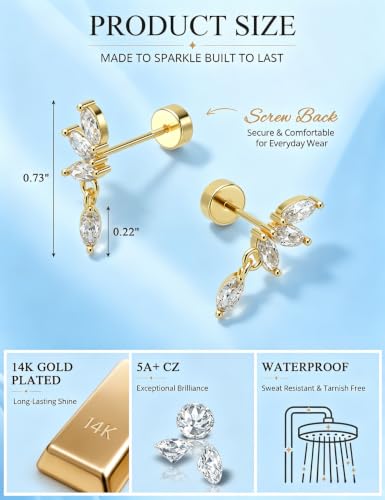 Freekiss Cartilage Flat Back Earrings Hypoallergenic for Sensitive Ears | 14K Gold / Sterling Silver Plated Climbers Earrings for Women Dainty Cz Stud Earring 20G Conch Tragus Helix Piercing Jewelry - color: 4CZ Marquise-GD