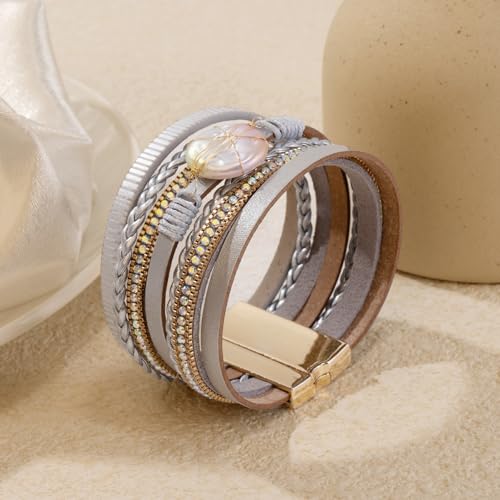 Wrapped Bracelets for Women,Leather Boho Bracelets for Women - color: Shell-Silver