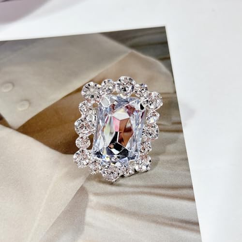 Silver Rectangle Rhinestone Statement Ring for Women Luxury Fashion Exaggerated Large Thick Chunky Geometric Crystal Finger Knuckle Band Wrap Open Adjustable Rings Wedding Cocktail Prom Party Jewelry Gift - color: Silver