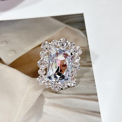 Silver Rectangle Rhinestone Statement Ring for Women Luxury Fashion Exaggerated Large Thick Chunky Geometric Crystal Finger Knuckle Band Wrap Open Adjustable Rings Wedding Cocktail Prom Party Jewelry Gift - color: Silver