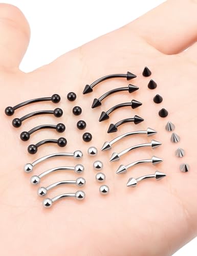 16g 6/8/10/12mm Silver/Black Eyebrow/Rook/Snug/Vertical-Labret/VCH/Snake-Eyes/Anti-Tragus/Christina/Daith/Belly-Button/Bridge/Hood/Surface Curved Barbell Piercing Jewelry for Women Men - color: Silver+Black