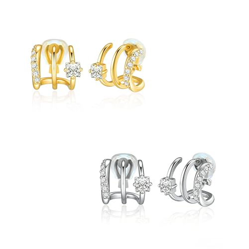 FAN&LOUIS Clip On Earrings Women, Gold Silver Triple Huggie Stud Clip-on Earrings Cubic Zirconia|Double Huggie Hoop Gold Hoop Earrings Clips for Women Trendy Lightweight - style: Gold and Silver