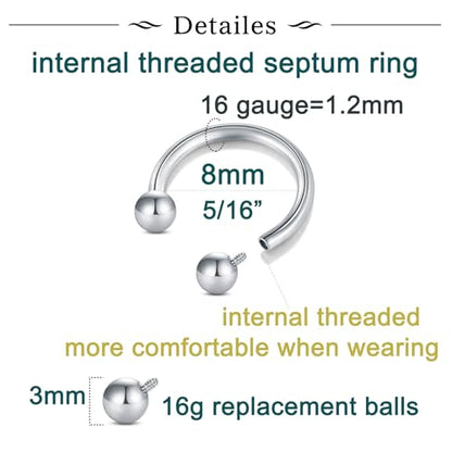 Longita Internally Threaded Septum Ring Silver Black Gold Septum Rings 16G Septum Piercing Surgical Steel Septum Jewelry Septum Nose Rings 16 Gauge Small Septum Ring Horseshoe with Replacement Balls - color: A1-silver-8mm