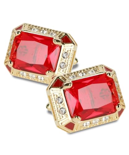 Big Rectangular Colored Crystal Cuff Links for Men – Tuxedo Suit Accessories, Cufflinks for Men - style: Deep Red/Gold