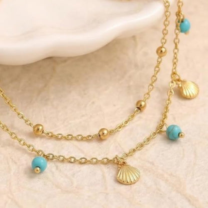 Dainty Gold Shell Pearl Charm Ankle Bracelet for Women Trendy non-Tarnish Adjustable Anklet Summer Beach Fashion Jewelry Gift - color: Turquoise