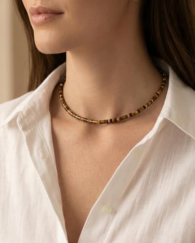 Natural Heishi Gemstone Choker Necklace for Women, Adjustable 15"+2" Beaded Layering Necklace, Coastal Beach Jewelry Gift for Her - color: Tiger Eye