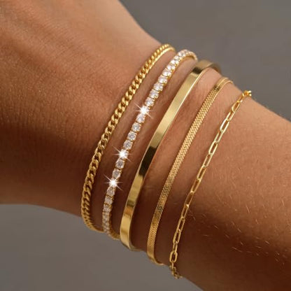 Dainty Gold Bracelet for Women Trendy Non Tarnish, Thin Bracelets Stackable Set with Bangle Cuff, Box, Herringbone, Paperclip, Figaro, Sparkling Link Chains Waterproof, Simple Jewelry Gifts for Women - color: Gold-tennis/cuban/bangle/paperclip/snake