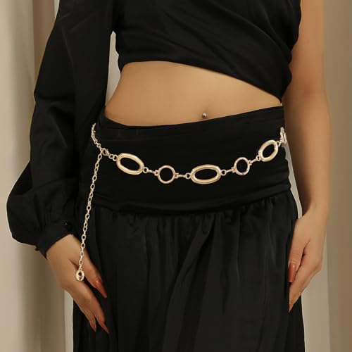 Waist Chain Belt Women Circle O-Ring Metal Link Body Chains Plus Size Gold Tone Chain Belt Fashion Waist Jewelry for Dress - color: Gold-49inch